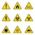 Set of triangle warning signs. Warning roadsign icon. Danger-warning-attention sign. Yellow background Royalty Free Stock Photo