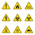 Set of triangle warning signs. Warning roadsign icon. Danger-warning-attention sign. Yellow background Royalty Free Stock Photo