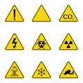 Set of triangle warning signs. Warning roadsign icon. Danger-warning-attention sign. Yellow background Royalty Free Stock Photo