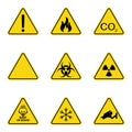 Set of triangle warning signs. Warning roadsign icon. Danger-warning-attention sign. Yellow background Royalty Free Stock Photo