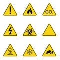 Set of triangle warning signs. Warning roadsign icon. Danger-warning-attention sign. Yellow background Royalty Free Stock Photo