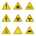 Set of triangle warning signs. Warning roadsign icon. Danger-warning-attention sign. Yellow background Royalty Free Stock Photo