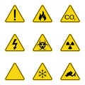 Set of triangle warning signs. Warning roadsign icon. Danger-warning-attention sign. Yellow background Royalty Free Stock Photo