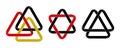 Set of triangles intertwined as valknuts and star of David made of intertwined mobius stripes. Stylized ancient esoteric symbols