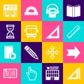 Set Triangular ruler, Arrow, Ruler, Audio book, Bus, Hourglass pixel, Supermarket building and icon. Vector