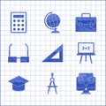 Set Triangular ruler, Drawing compass, Monitor with graduation cap, Chalkboard, Graduation, Glasses, Briefcase and