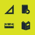 Set Triangular ruler, Open book, Measuring height and length and Audio icon. Vector Royalty Free Stock Photo