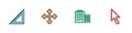 Set Triangular ruler, Pixel arrows in four directions, Hotel building and cursor icon. Vector Royalty Free Stock Photo