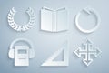 Set Triangular ruler, Refresh, Audio book, Pixel arrows in four directions, Open and Laurel wreath icon. Vector Royalty Free Stock Photo