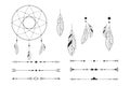 Set tribal dream catcher native ornament with feathers hanging indian amulet arrows line doodle style isolated on white Royalty Free Stock Photo