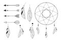 Set tribal dream catcher native ornament with feathers hanging indian amulet arrows line doodle style isolated on white Royalty Free Stock Photo