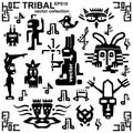 Set of tribal icons and musical notes. Black and white silhouette hand draws animals and fantastic creatures. Royalty Free Stock Photo