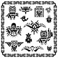 Set of tribal owls. Ancient maya elements and symbols.