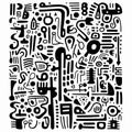 Abstract Black And White Doodle Poster With Stylized Symbols