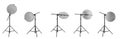 Set of tripods with reflectors on white background, banner design. Professional photographer`s equipment