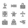 Set Trolley for food, Conveyor belt with suitcase, Helicopter, Plane, Suitcase, Attitude indicator, and Radar icon