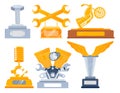 Set trophies, gold and silver cups, winner racing championship, design cartoon style vector illustration, isolated on Royalty Free Stock Photo