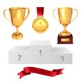 A set of trophies of the winner. Golden cups, gold medal, red ribbon and pjadestal. Isolated on white background. Vector