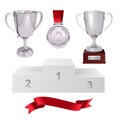 A set of trophies of the winner. Second place. Silver cups, gold medal, red ribbon and pjadestal. Isolated on white background. Ve Royalty Free Stock Photo