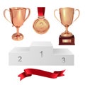 A set of trophies of the winner. Third place. Bronze cups, gold medal, red ribbon and pjadestal. Isolated on white background. Vec Royalty Free Stock Photo