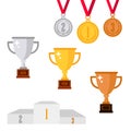 Set of trophy award icons isolated on white background. Golden, Silver and bronze cup, awards and medals