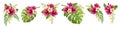 Set tropical bouquets of hibiscus rose, frangipani and greenery of monstera palm leaf and palm fronds. Exotic clipart hand drawn w