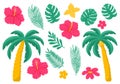 A set of tropical, exotic leaves and flowers. Palm, hibiscus, plumeria. Bright botanical vector illustrations in a flat style. Royalty Free Stock Photo