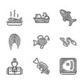 Set Tropical fish, Fish, head, Eel, Fisherman, steak, Shark and Served on plate icon. Vector Royalty Free Stock Photo