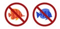 Set of tropical fish in the prohibition sign. Fishing ban. Danger of allergies. Vector icon