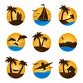 Set tropical flat circle tropical icon, palm, dolphine, sailboat