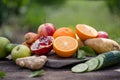 Set of tropical fruits colorful and fresh summer , healthy foods Many ripe fruit mixed on green natural  background Royalty Free Stock Photo