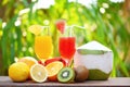 Set of tropical fruits colorful and fresh summer juice glass healthy foods Royalty Free Stock Photo