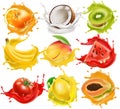 Set of tropical fruits and vegetables splashing in juice, orange, coconut, kiwi, banana, mango, watermelon, tomato Royalty Free Stock Photo