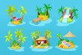 Set tropical islands in ocean with palm, bungalow, volcano, waterfall.