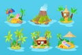 Set tropical islands in ocean with palm, bungalow, volcano, waterfall.