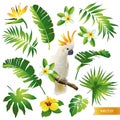 Set with tropical leaves, flowers and birds