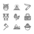 Set Tropical leaves, Mountains, Camping hat, First aid kit, Wooden axe, Binoculars, Swiss army knife and Bear head icon