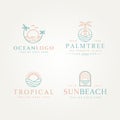 Set of tropical ocean sun beach simple line art logo template vector illustration design. simple modern holiday, vacation, resort Royalty Free Stock Photo