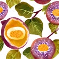 Set of tropical passion fruit, flowers and leaves watercolor illustration isolated on white background. Royalty Free Stock Photo