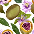 Set of tropical passion fruit, flowers and leaves watercolor illustration isolated on white. Royalty Free Stock Photo