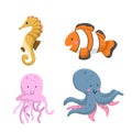 Set of tropical sea and ocean animals. Seahorse, clownfish, jellyfish, octopus.