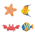 Set of tropical sea and ocean animals. Starfish, crab and different color tropic fishes. Royalty Free Stock Photo