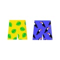 Set of tropical shorts. Cartoon bright exotic shorts with monsteras, toucans. Flat colorful summer clothes