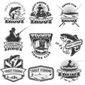 Set of trout fishing emblems isolated on white background. Design elements for logo, label, poster, t-shirt. Vector illustration. Royalty Free Stock Photo