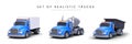 Set of trucks with bodies of different types. Truck with closed waterproof body, tank, dump truck