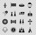 Set The Tsar bell, Christian cross, King crown, Bread loaf, Chess, Satellite, Rocket ship and Tanker truck icon. Vector