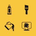 Set Tube with paint palette, Paint spray, bucket and brush icon with long shadow. Vector