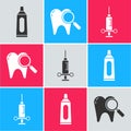 Set Tube of toothpaste, Dental search and Dental medical syringe icon. Vector