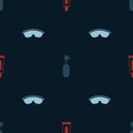 Set Tube of toothpaste, Electric toothbrush and Safety goggle glasses on seamless pattern. Vector Royalty Free Stock Photo