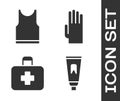 Set Tube of toothpaste, Sleeveless T-shirt, First aid kit and Rubber gloves icon. Vector Royalty Free Stock Photo